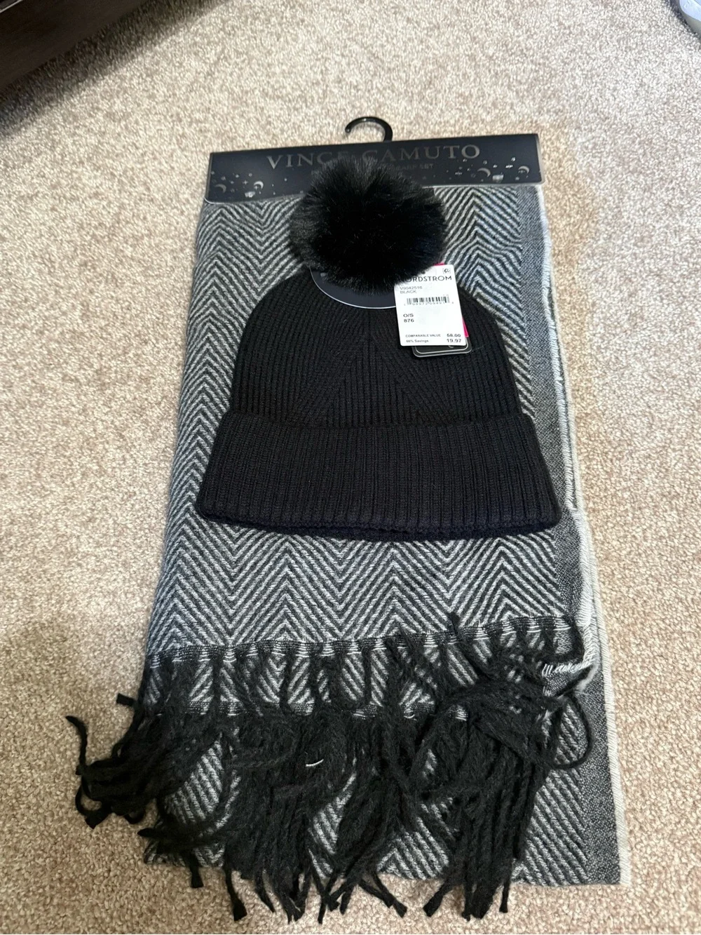 Vince Camuto Black Knit Beanie and Faux Fur Pom Scarf Set